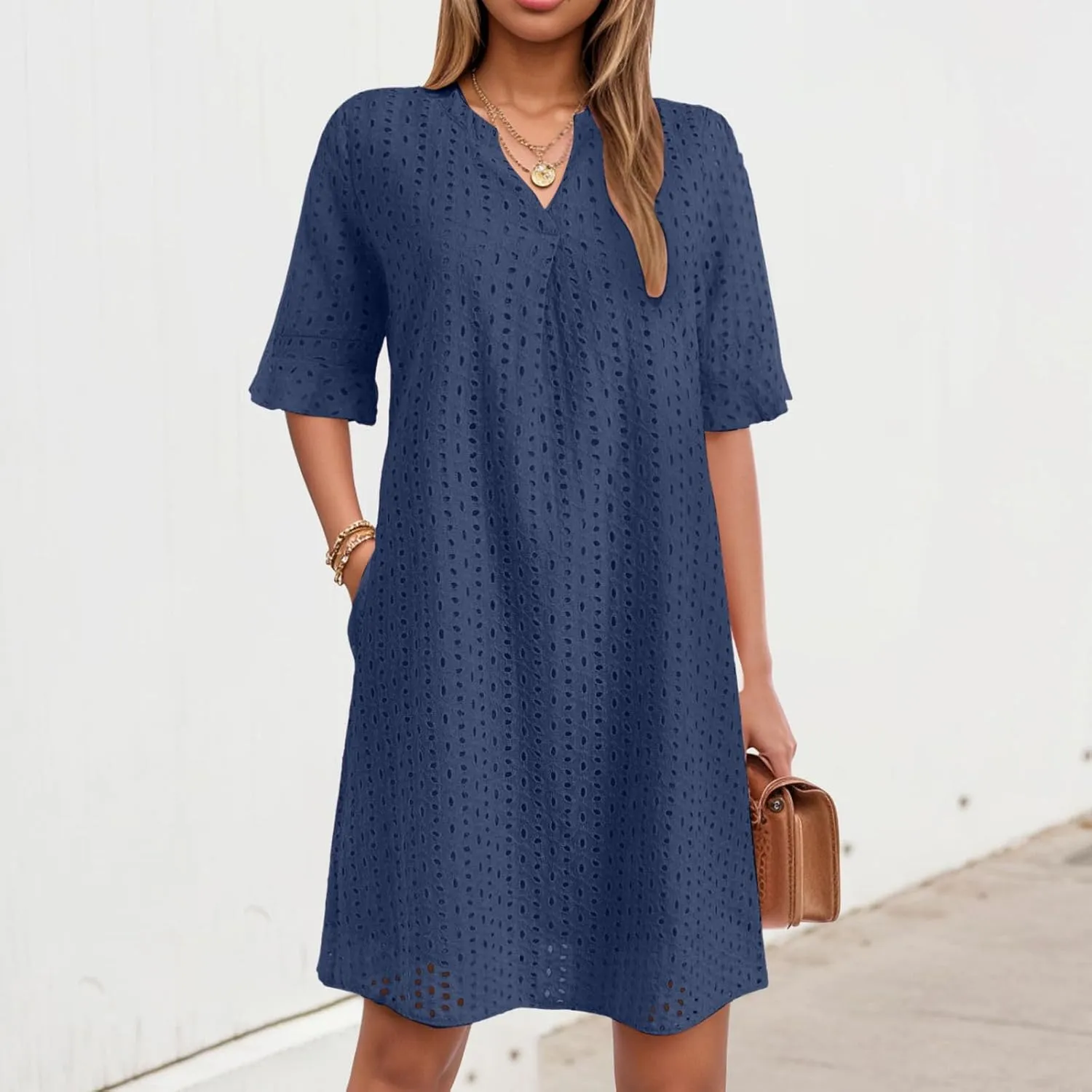 Women's 2025 Summer Short Sleeve Mini Dress V Neck Ruffle Hollow Out Eyelet Lace Dresses