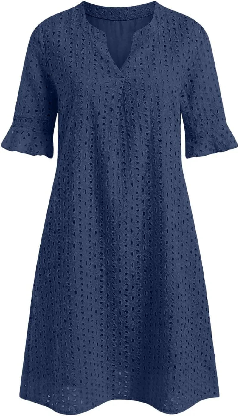 Women's 2025 Summer Short Sleeve Mini Dress V Neck Ruffle Hollow Out Eyelet Lace Dresses