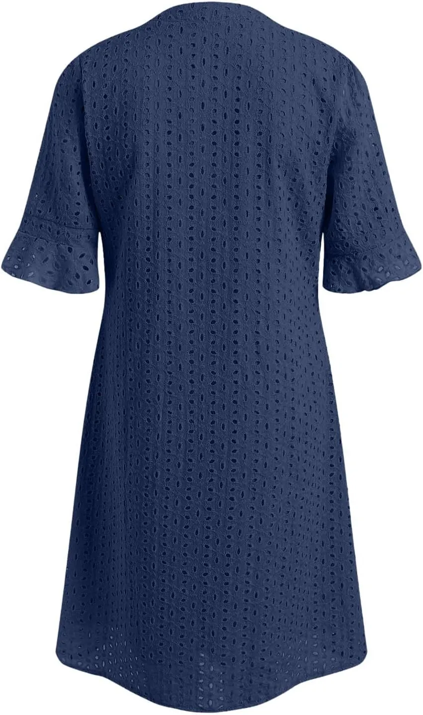 Women's 2025 Summer Short Sleeve Mini Dress V Neck Ruffle Hollow Out Eyelet Lace Dresses