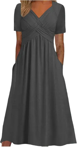 Women's Boho Floral Flowy A Line Midi Dress Casual Summer Short Sleeve Beach Vacation Dresses with Pockets