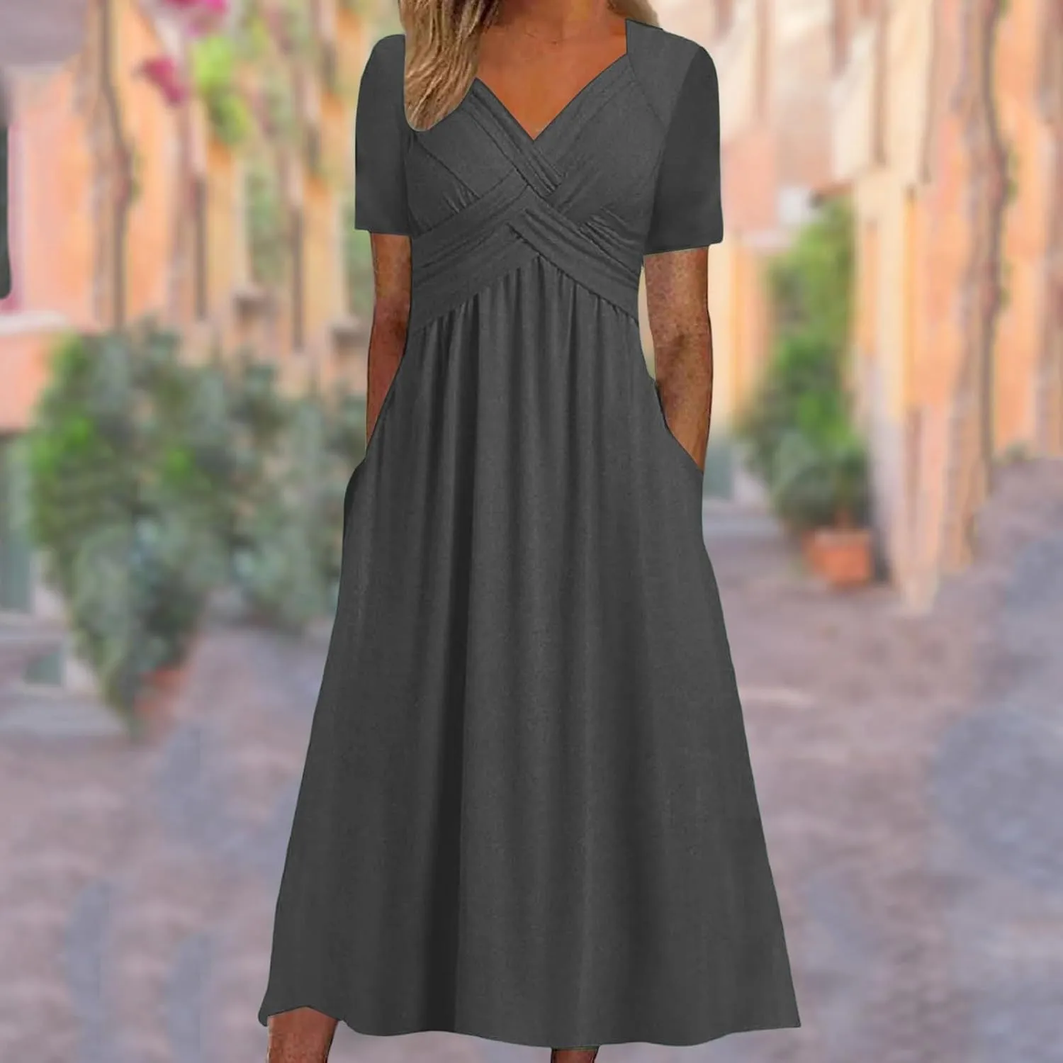 Women's Boho Floral Flowy A Line Midi Dress Casual Summer Short Sleeve Beach Vacation Dresses with Pockets