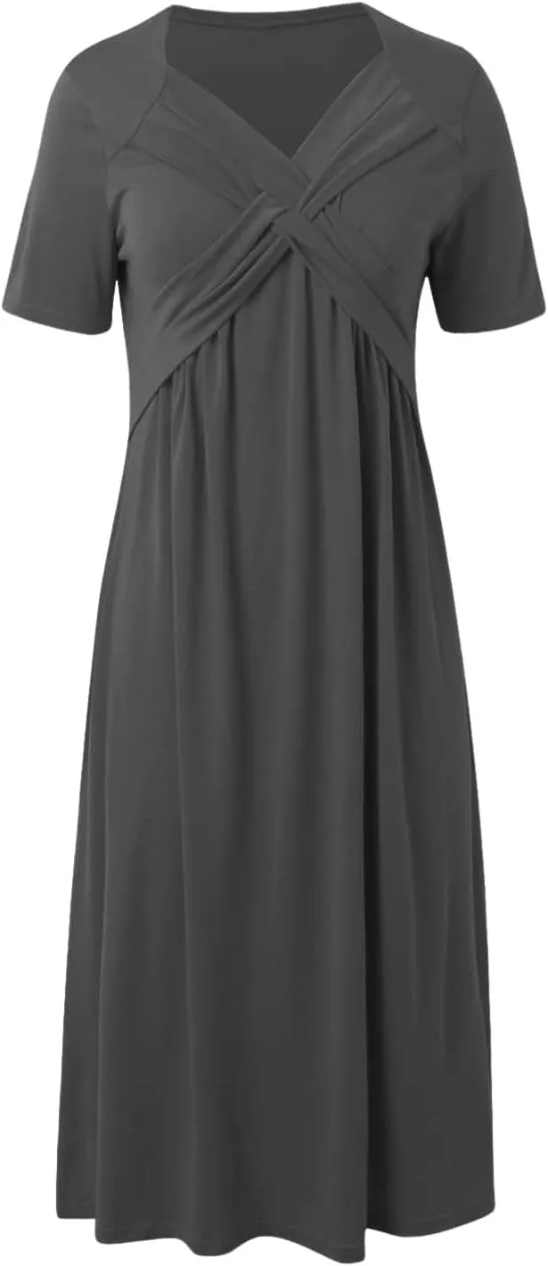 Women's Boho Floral Flowy A Line Midi Dress Casual Summer Short Sleeve Beach Vacation Dresses with Pockets