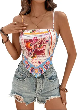 Women's Boho Graphic Sleeveless Camisole Y2k Asymmetrical Hem Cropped Cami