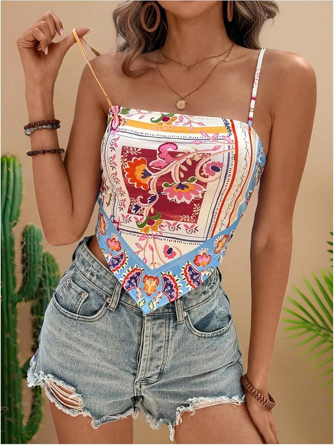 Women's Boho Graphic Sleeveless Camisole Y2k Asymmetrical Hem Cropped Cami