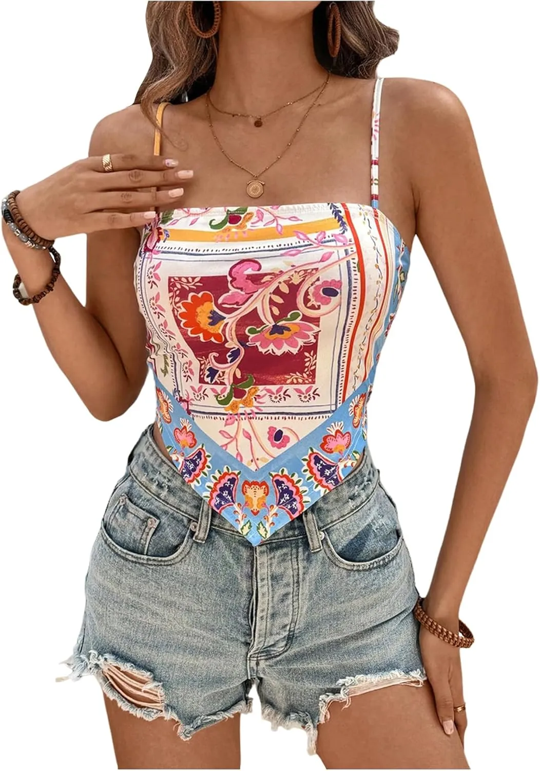 Women's Boho Graphic Sleeveless Camisole Y2k Asymmetrical Hem Cropped Cami