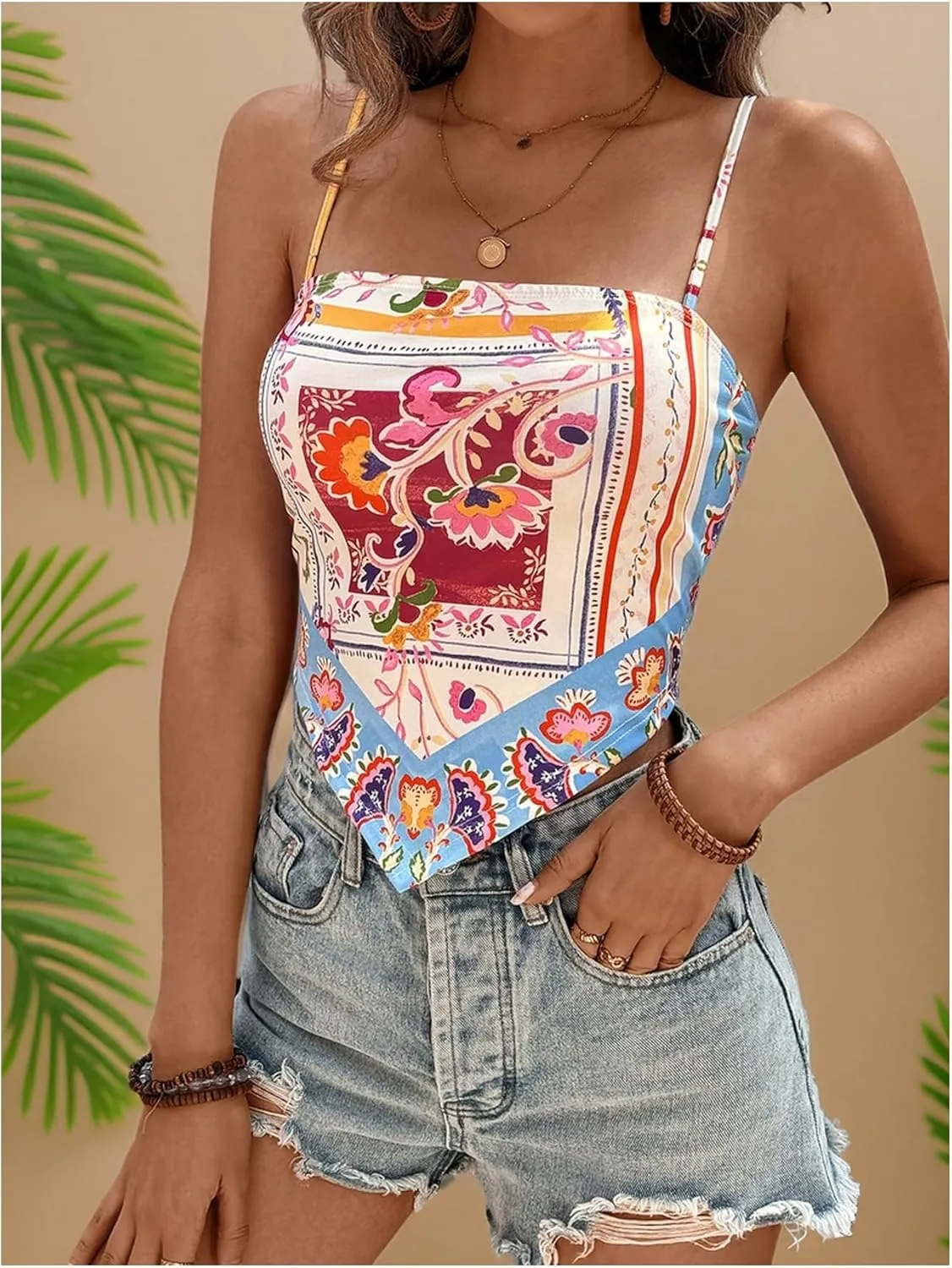 Women's Boho Graphic Sleeveless Camisole Y2k Asymmetrical Hem Cropped Cami