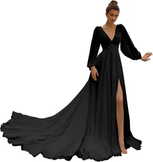 Women's Bridesmaids Gown for Wedding Off Shoulder Split Chiffon Formal Dress with Pockets