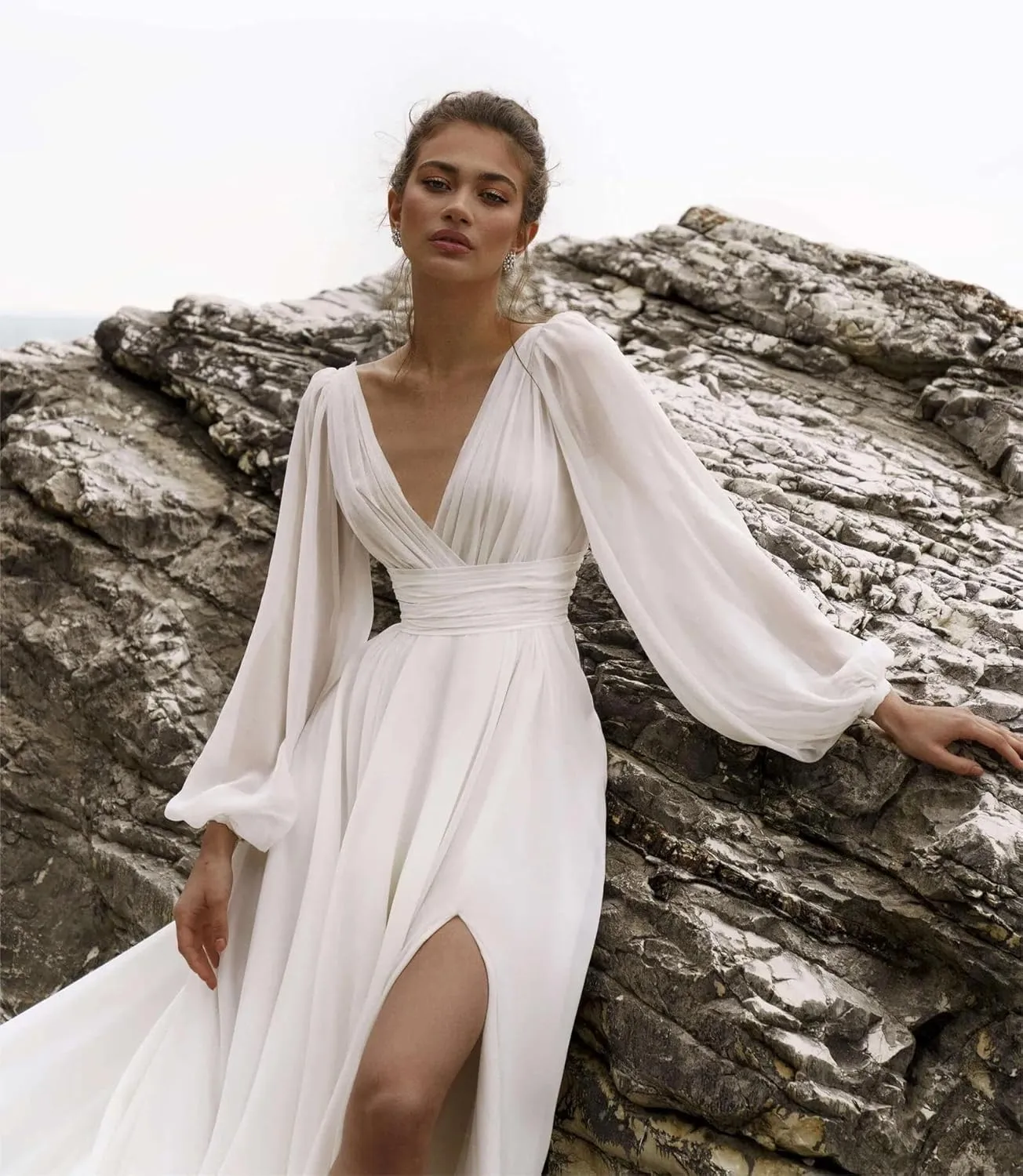 Women's Bridesmaids Gown for Wedding Off Shoulder Split Chiffon Formal Dress with Pockets