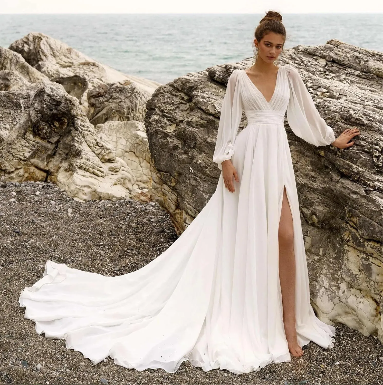 Women's Bridesmaids Gown for Wedding Off Shoulder Split Chiffon Formal Dress with Pockets