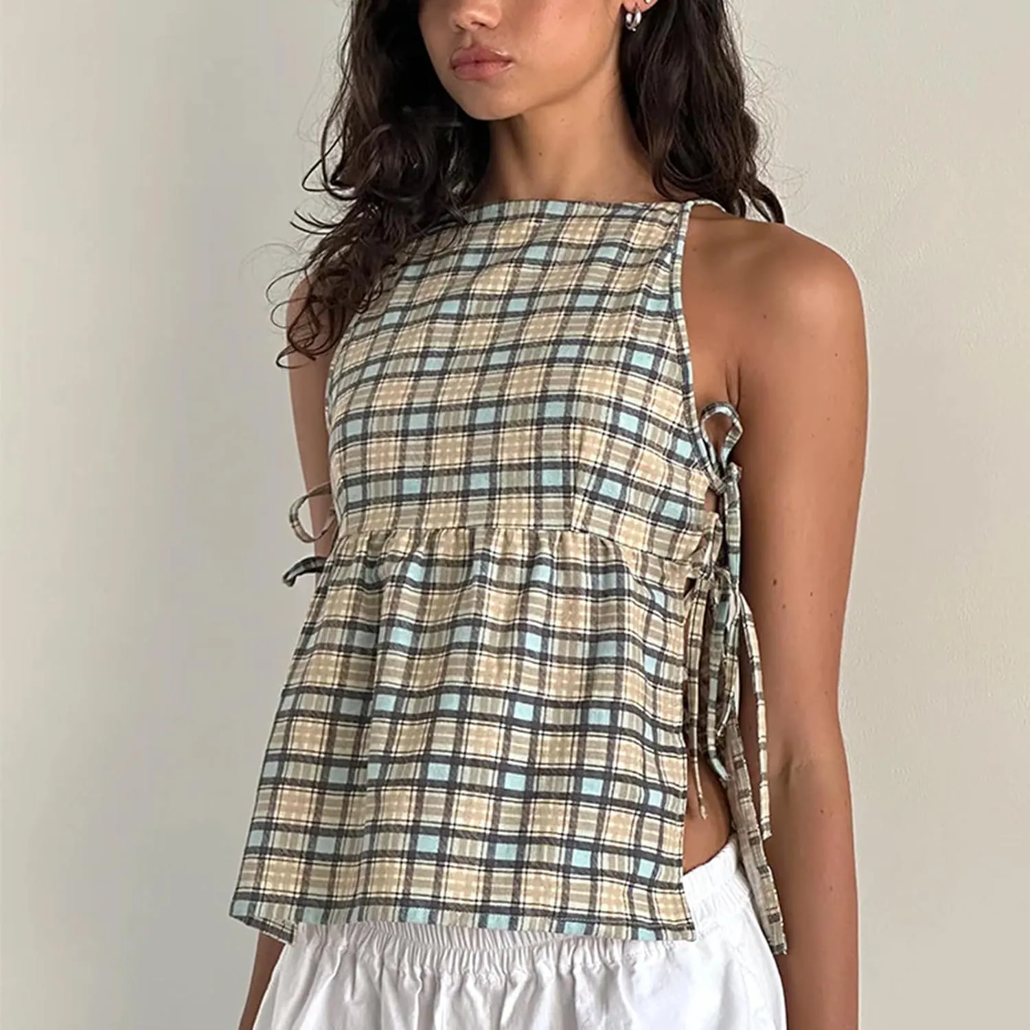 Women's Camisole Summer Tie Strap Tank Tops Y2k Solid Plaid Side Ties Sleeveless Tops Floral Embroidered Vest Top