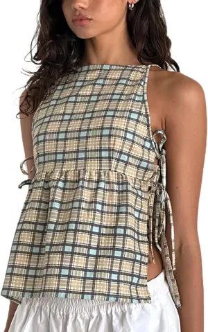 Women's Camisole Summer Tie Strap Tank Tops Y2k Solid Plaid Side Ties Sleeveless Tops Floral Embroidered Vest Top