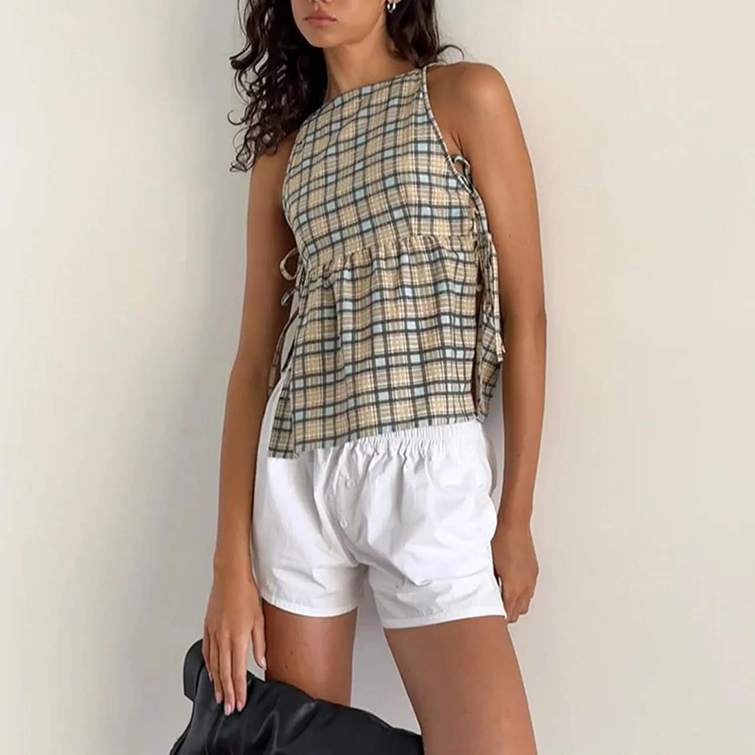 Women's Camisole Summer Tie Strap Tank Tops Y2k Solid Plaid Side Ties Sleeveless Tops Floral Embroidered Vest Top