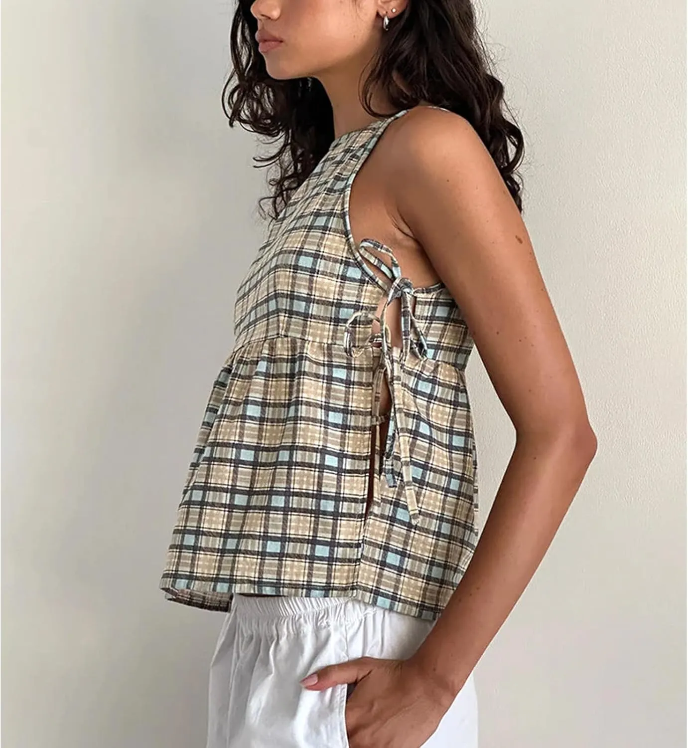 Women's Camisole Summer Tie Strap Tank Tops Y2k Solid Plaid Side Ties Sleeveless Tops Floral Embroidered Vest Top
