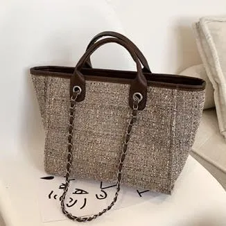 Women's Canvas Totes Chain Handbag Shoulder Crossbody Bucket Bag Beach Vacation Large Capacity Versatile Hobo Top Handle