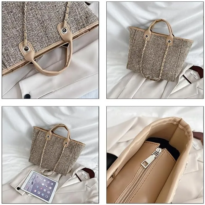 Women's Canvas Totes Chain Handbag Shoulder Crossbody Bucket Bag Beach Vacation Large Capacity Versatile Hobo Top Handle