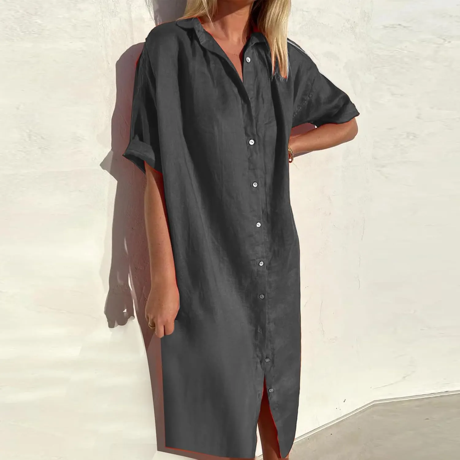 Women's Casual Cotton Linen Shirt Dress Button Down Short Sleeve Lapel V Neck Summer Loose Fit Beach Midi Dresses