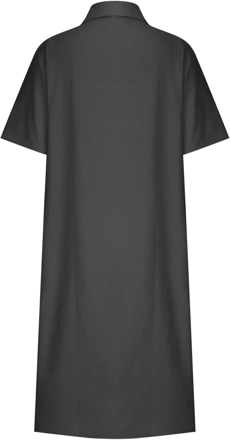 Women's Casual Cotton Linen Shirt Dress Button Down Short Sleeve Lapel V Neck Summer Loose Fit Beach Midi Dresses