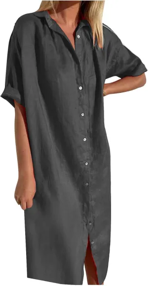 Women's Casual Cotton Linen Shirt Dress Button Down Short Sleeve Lapel V Neck Summer Loose Fit Beach Midi Dresses