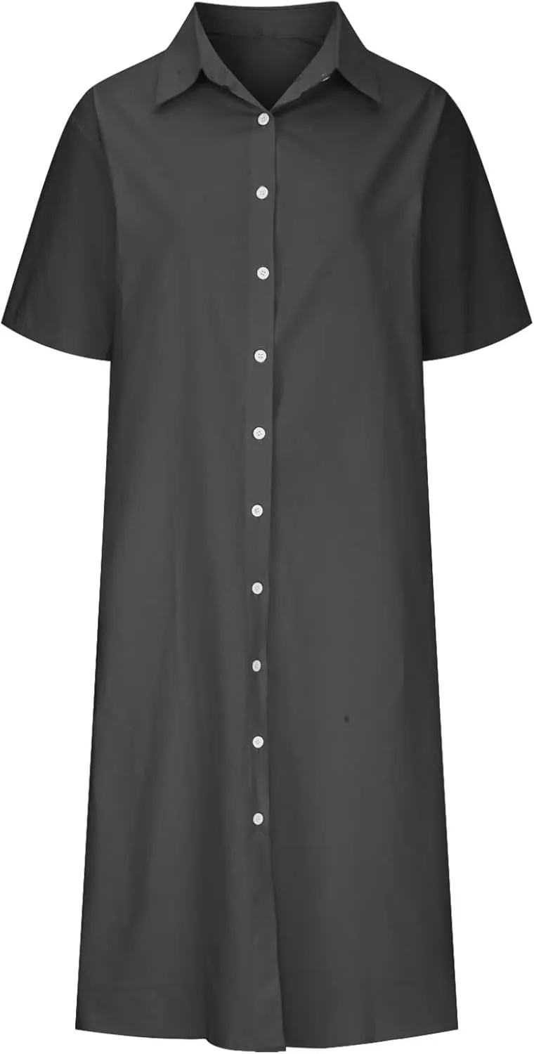Women's Casual Cotton Linen Shirt Dress Button Down Short Sleeve Lapel V Neck Summer Loose Fit Beach Midi Dresses