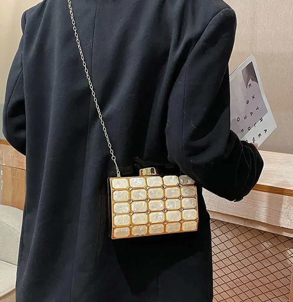 Womens Chic Evening Clutch Bag Acrylic Shoulder Purse Mini Totes Handbag Satchel with Chain Dinner Party Wedding