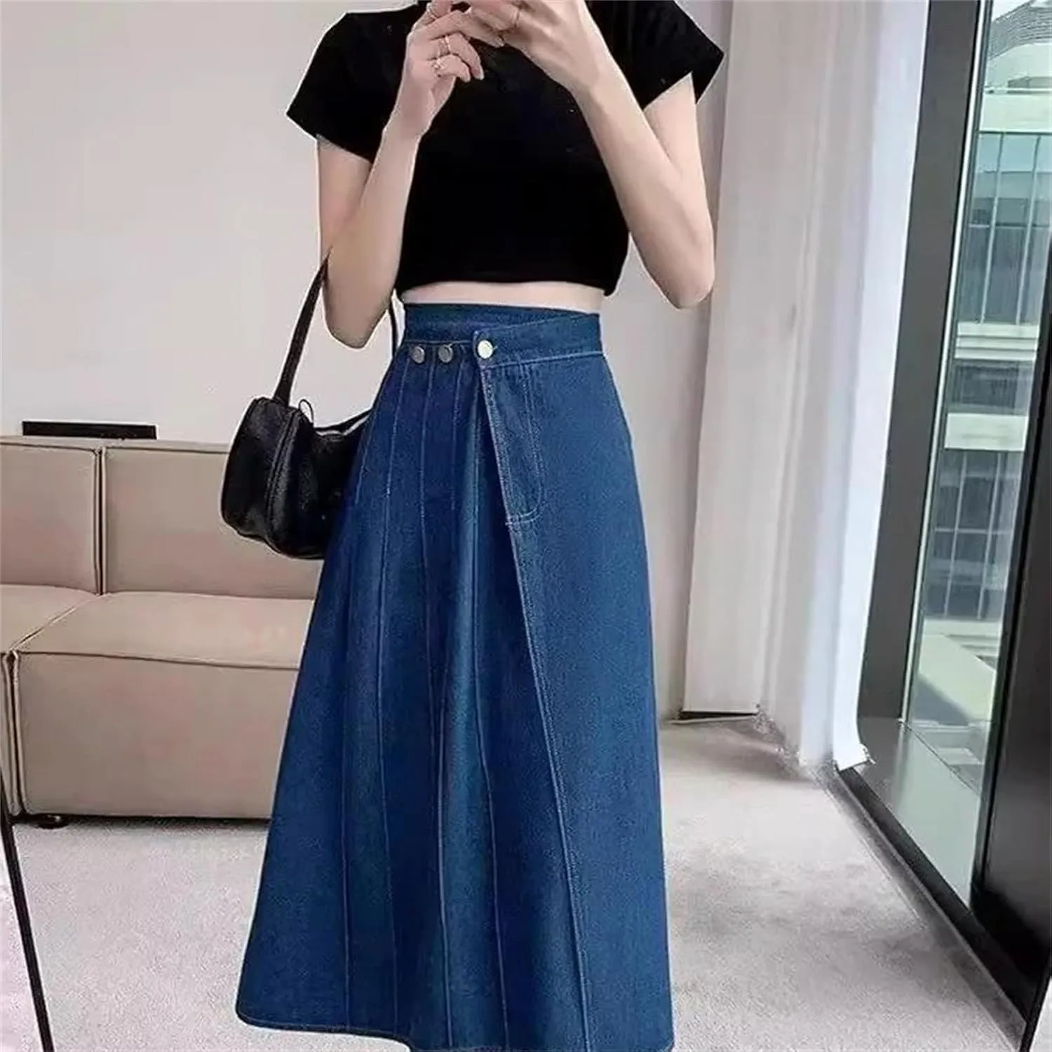 Women's Denim Skirt  Spring High-Waisted Petite Medium-Length Hip Covering Summer Half Skirt