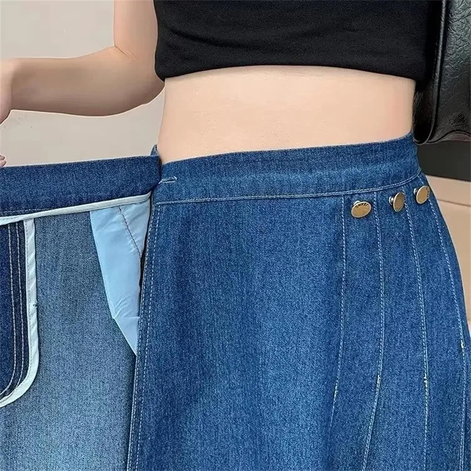 Women's Denim Skirt  Spring High-Waisted Petite Medium-Length Hip Covering Summer Half Skirt