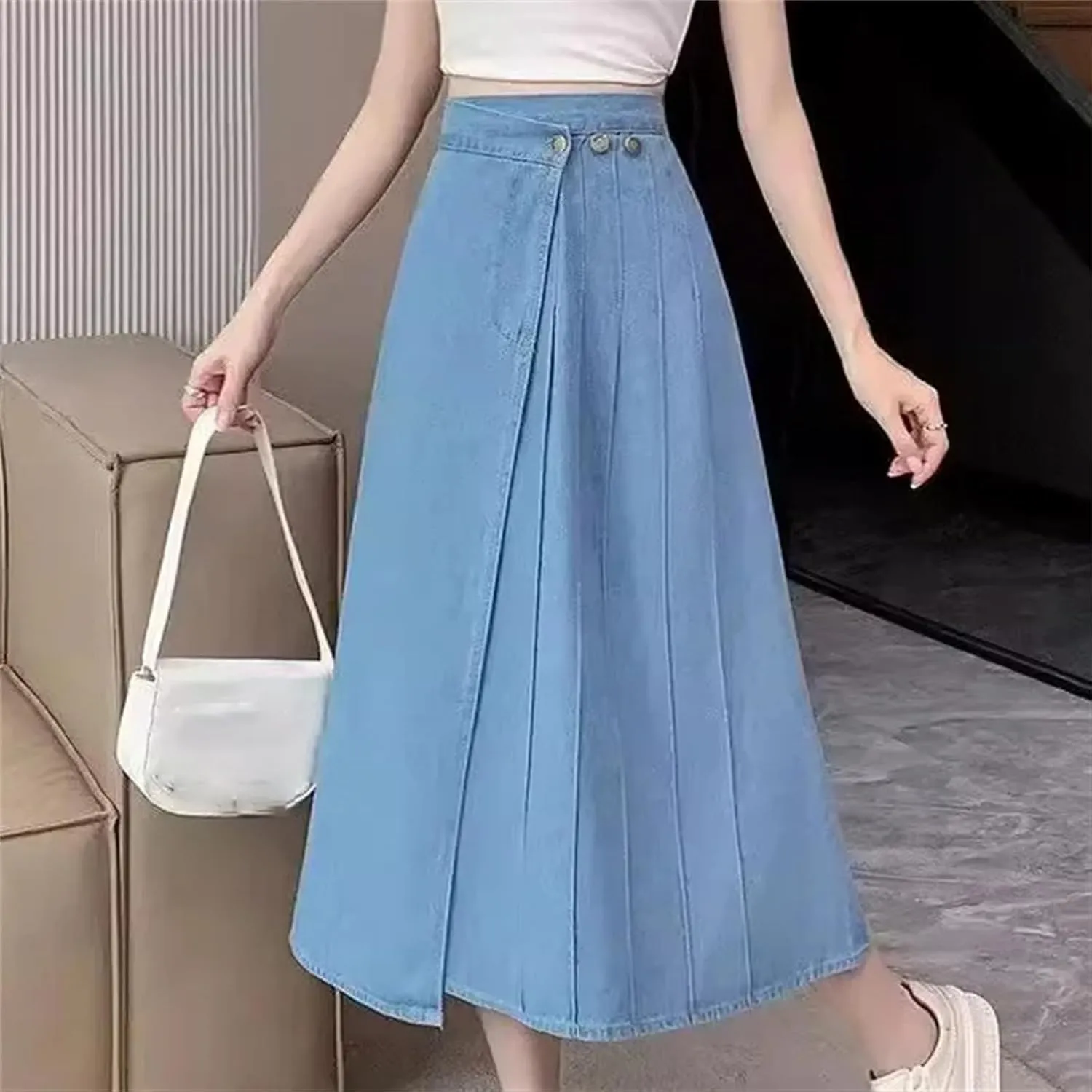 Women's Denim Skirt  Spring High-Waisted Petite Medium-Length Hip Covering Summer Half Skirt