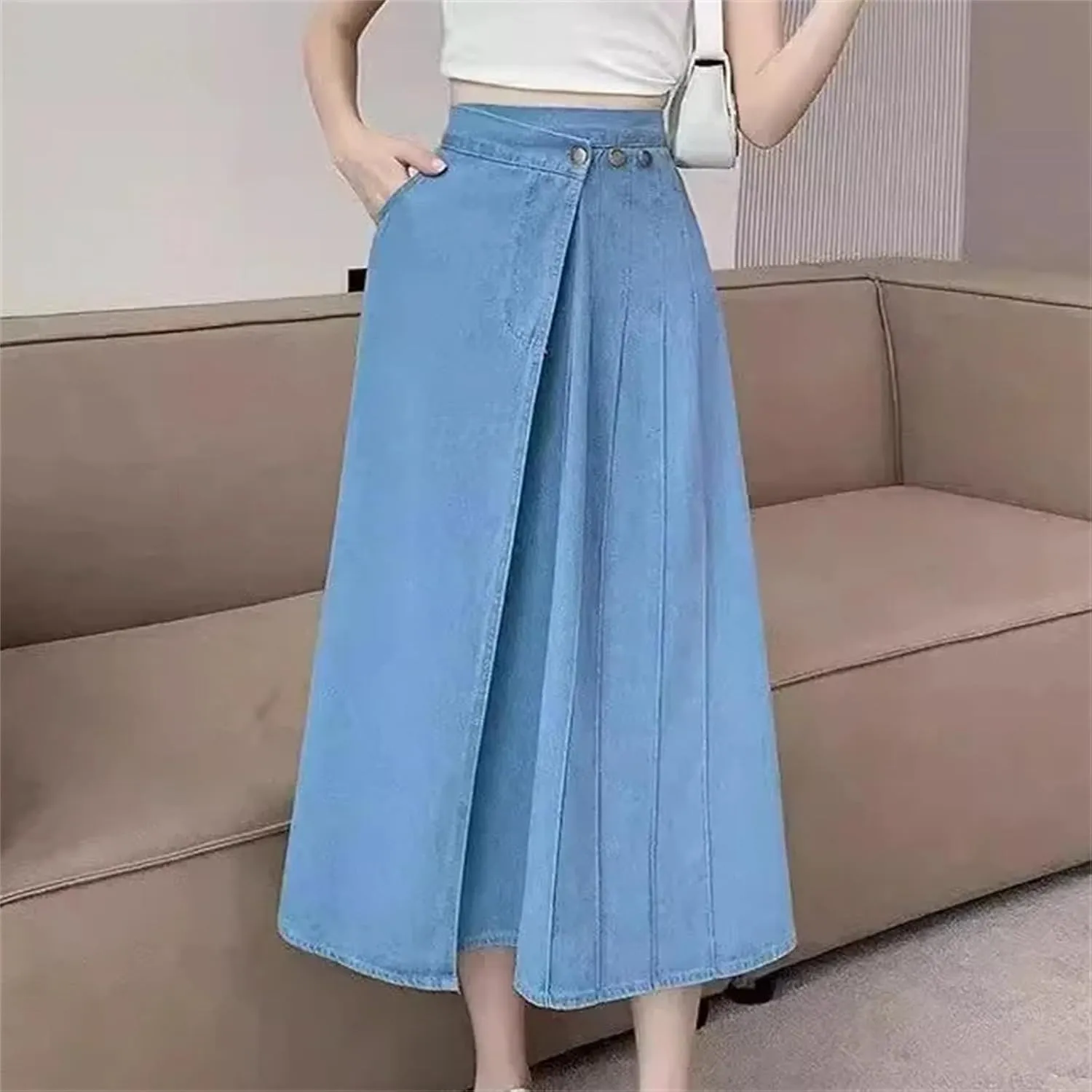 Women's Denim Skirt  Spring High-Waisted Petite Medium-Length Hip Covering Summer Half Skirt