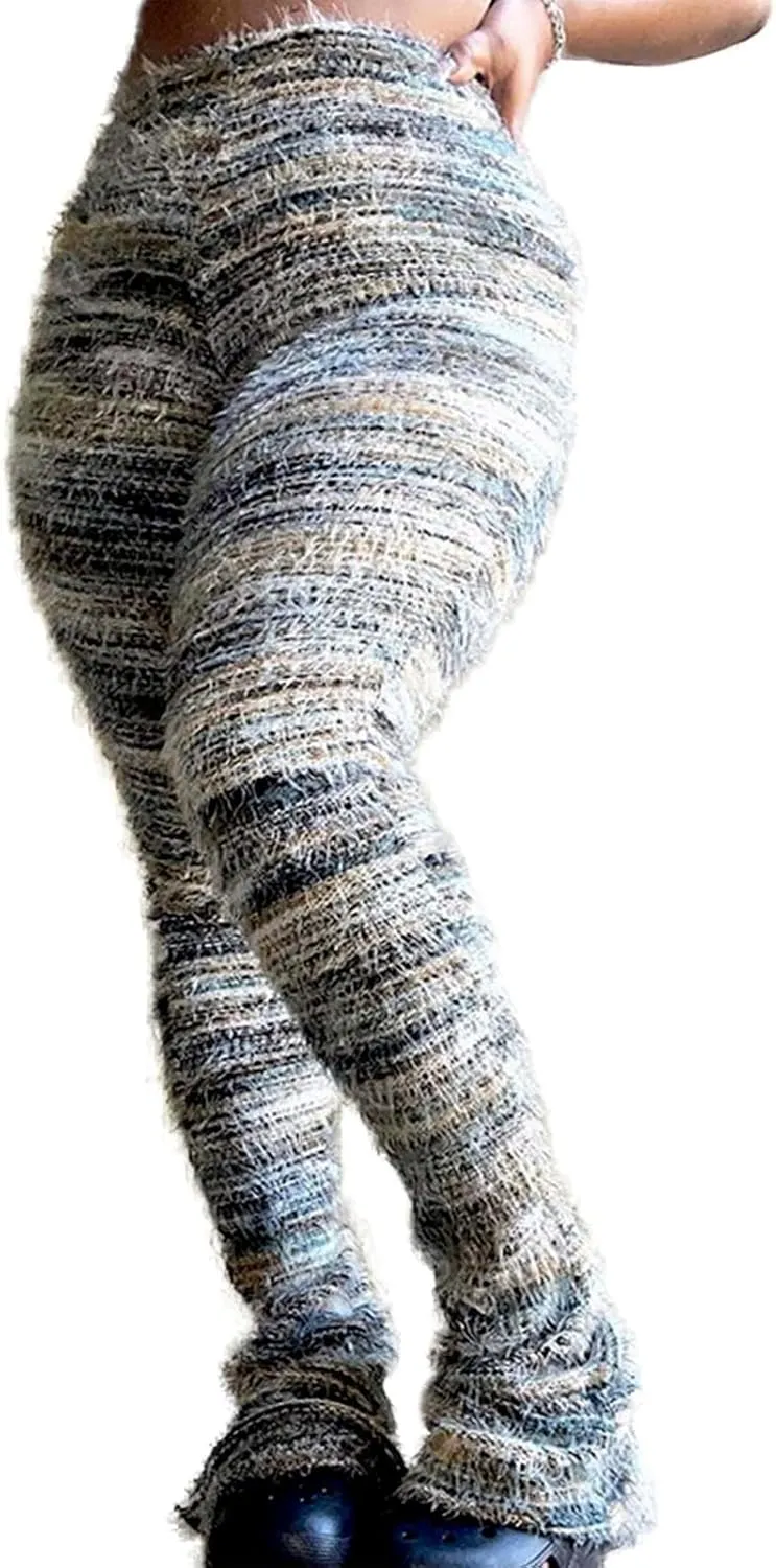 Women's Fleece Stacked Legging Pants High Wasited Colorful Fuzzy Strip Bell Bottom Knit Y2K Party Club Sweatpants