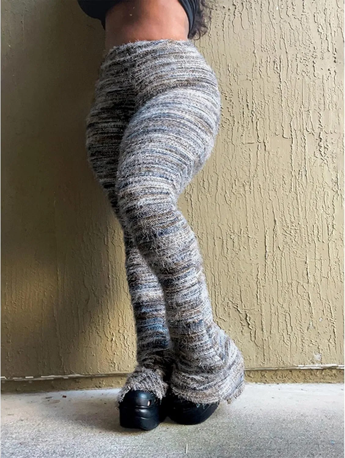 Women's Fleece Stacked Legging Pants High Wasited Colorful Fuzzy Strip Bell Bottom Knit Y2K Party Club Sweatpants