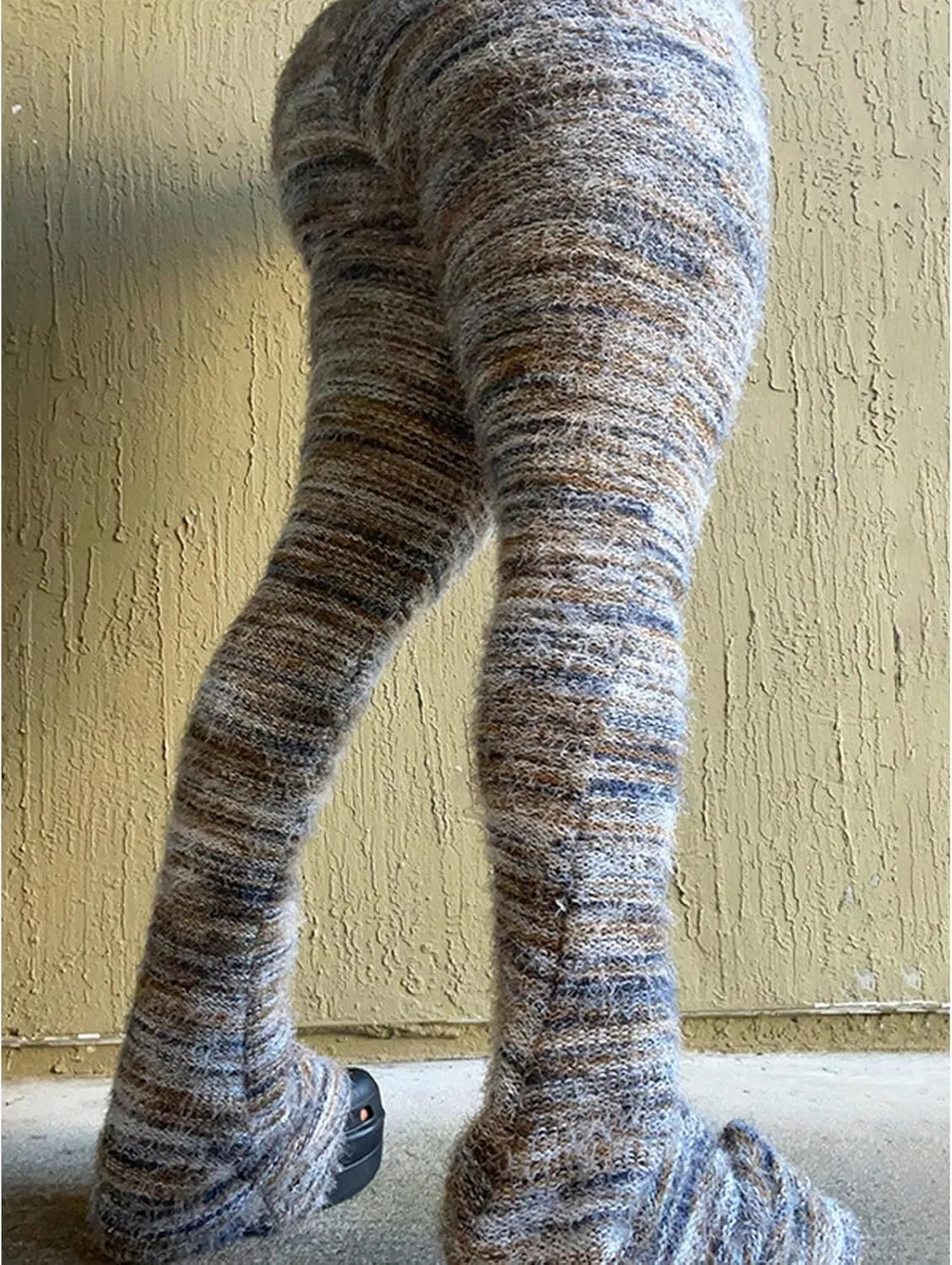 Women's Fleece Stacked Legging Pants High Wasited Colorful Fuzzy Strip Bell Bottom Knit Y2K Party Club Sweatpants