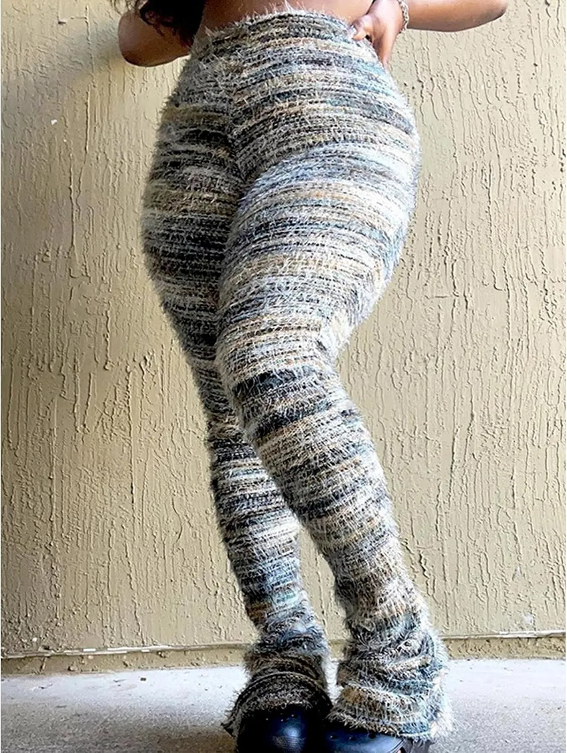 Women's Fleece Stacked Legging Pants High Wasited Colorful Fuzzy Strip Bell Bottom Knit Y2K Party Club Sweatpants
