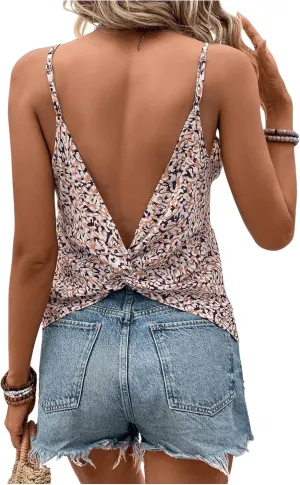 Women's Floral Print Twist Backless Camisole Tops Spaghetti Strap V Neck Cami Shirts Boho Tops