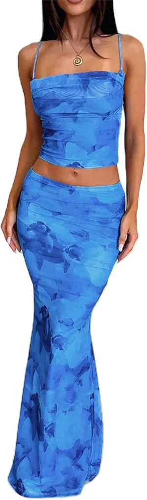 Women's Floral Print Two Piece Sets Spaghetti Strap Backless Pleated Crop Tops and Bodycon Maxi Skirts Beachwear