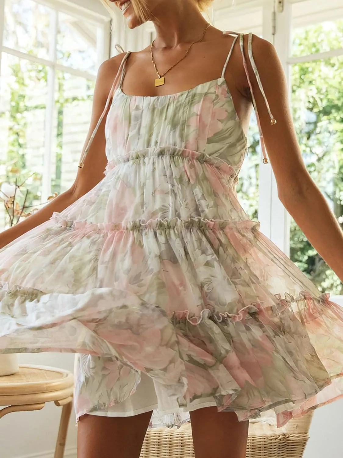 Women's Floral Tie Strap Ruffle Tiered Chiffon Sundress Sleeveless Swing Summer Beach Mini Dress