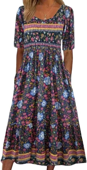 Womens Flowy Floral Dress Short Sleeve T Shirt Dress Maxi Loose Cute Print Vestido with Pocket