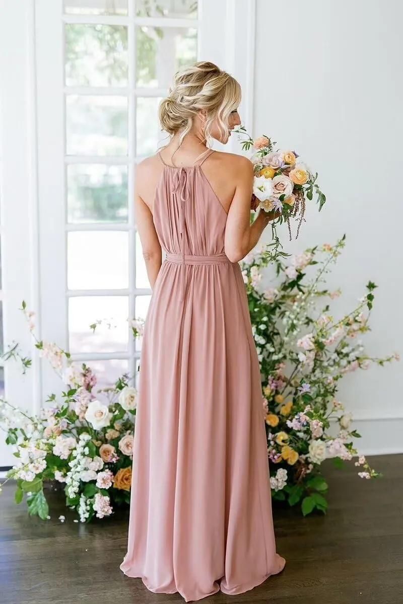 Women's Halter Chiffon Bridesmaid Dresses Long A-Line Pleated Evening Party Gown with Slit for Teens LB012