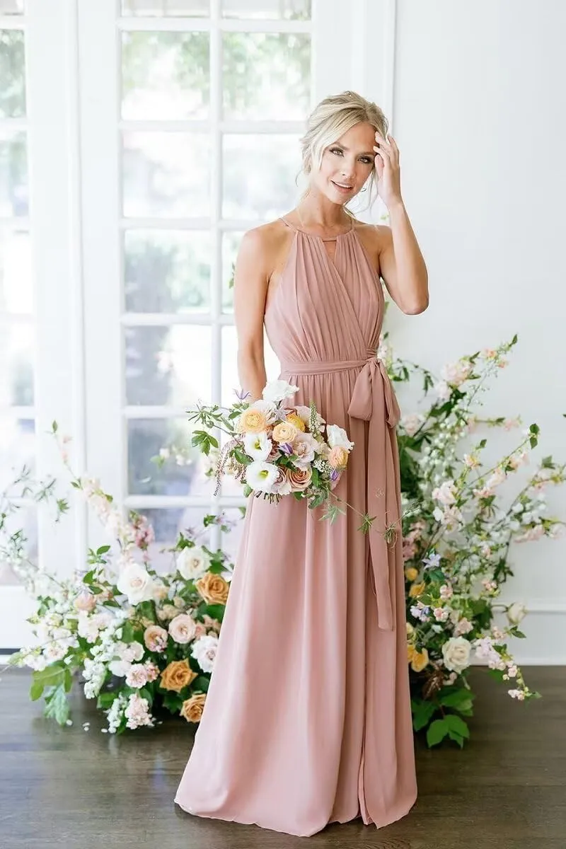 Women's Halter Chiffon Bridesmaid Dresses Long A-Line Pleated Evening Party Gown with Slit for Teens LB012