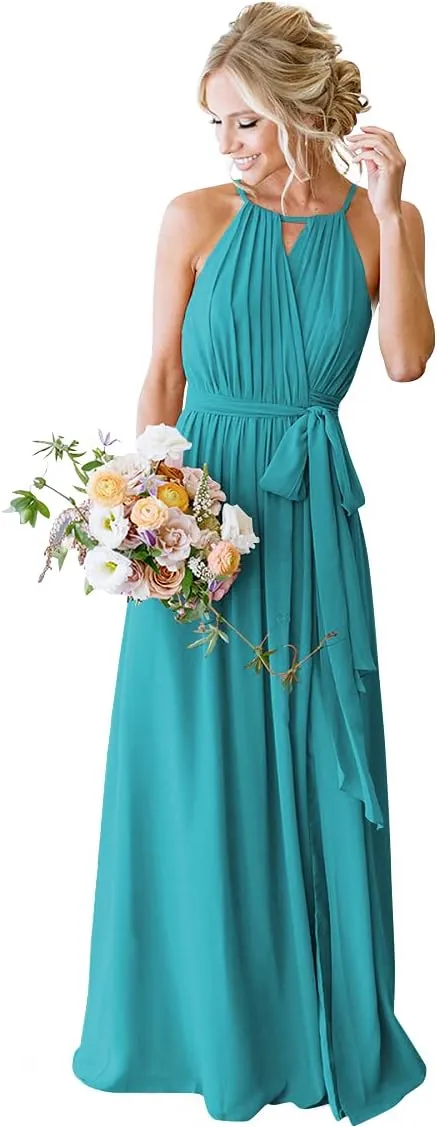 Women's Halter Chiffon Bridesmaid Dresses Long A-Line Pleated Evening Party Gown with Slit for Teens LB012