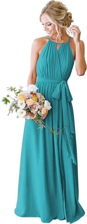 Women's Halter Chiffon Bridesmaid Dresses Long A-Line Pleated Evening Party Gown with Slit for Teens LB012