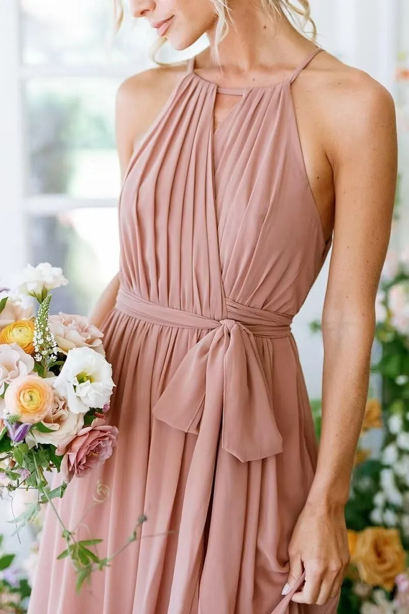 Women's Halter Chiffon Bridesmaid Dresses Long A-Line Pleated Evening Party Gown with Slit for Teens LB012