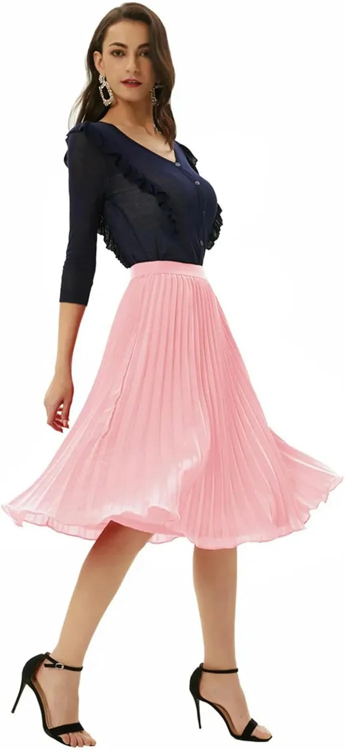Women's High Waist Pleated Flare A-Line Rib Knit Midi Skirt Women's Stretch Waist Knee Length Skirt-Blackish Green-M