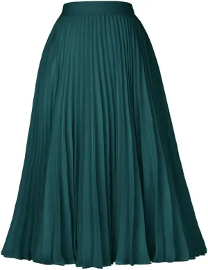 Women's High Waist Pleated Flare A-Line Rib Knit Midi Skirt Women's Stretch Waist Knee Length Skirt-Blackish Green-M