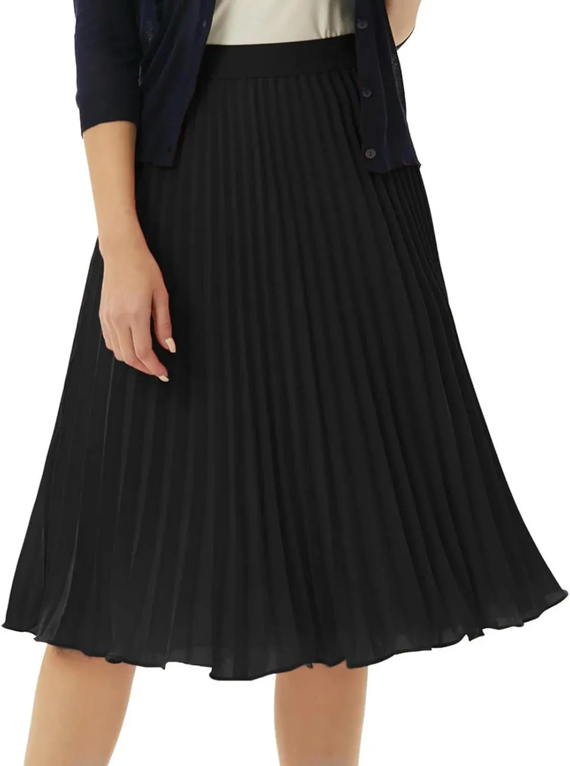 Women's High Waist Pleated Flare A-Line Rib Knit Midi Skirt Women's Stretch Waist Knee Length Skirt-Blackish Green-M