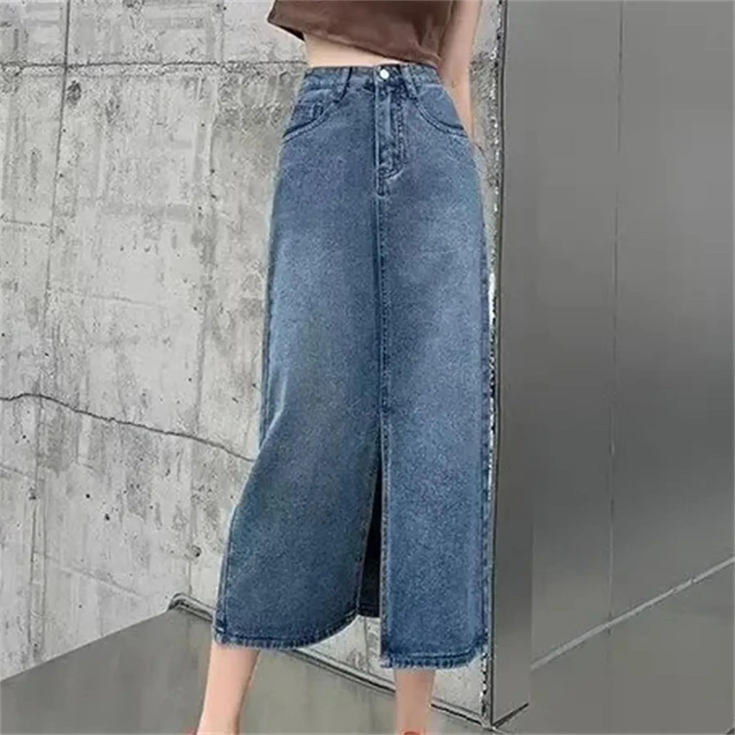 Women's High-Waisted Side Slit Denim Skirt  Slimming A-Line Vintage Long Summer Dress