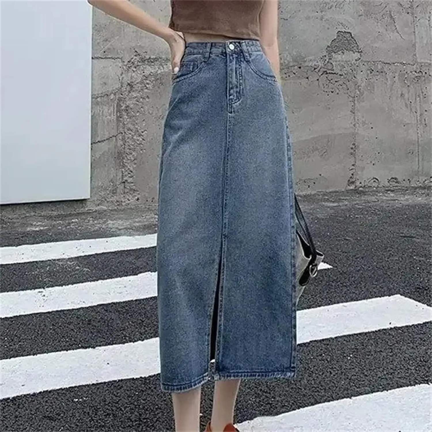 Women's High-Waisted Side Slit Denim Skirt  Slimming A-Line Vintage Long Summer Dress
