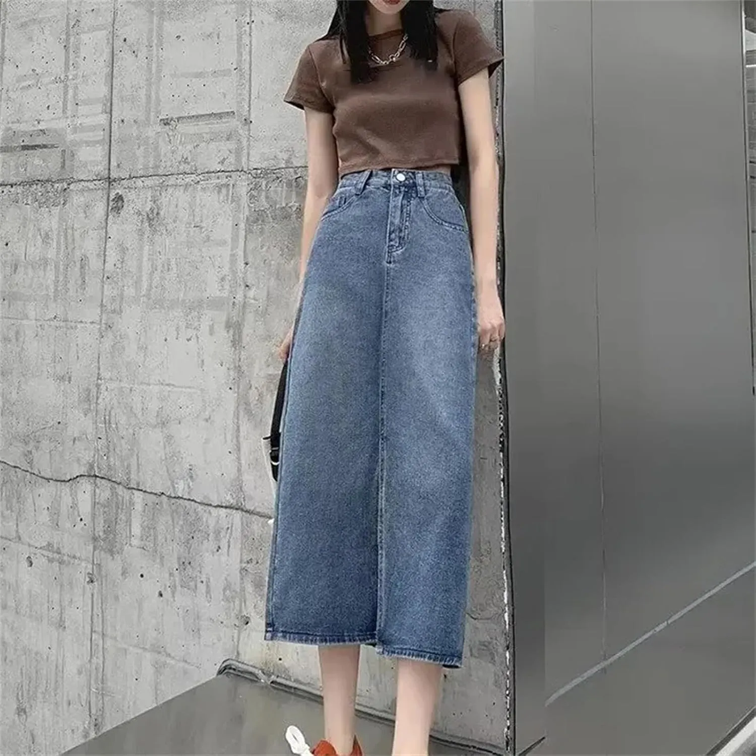 Women's High-Waisted Side Slit Denim Skirt  Slimming A-Line Vintage Long Summer Dress