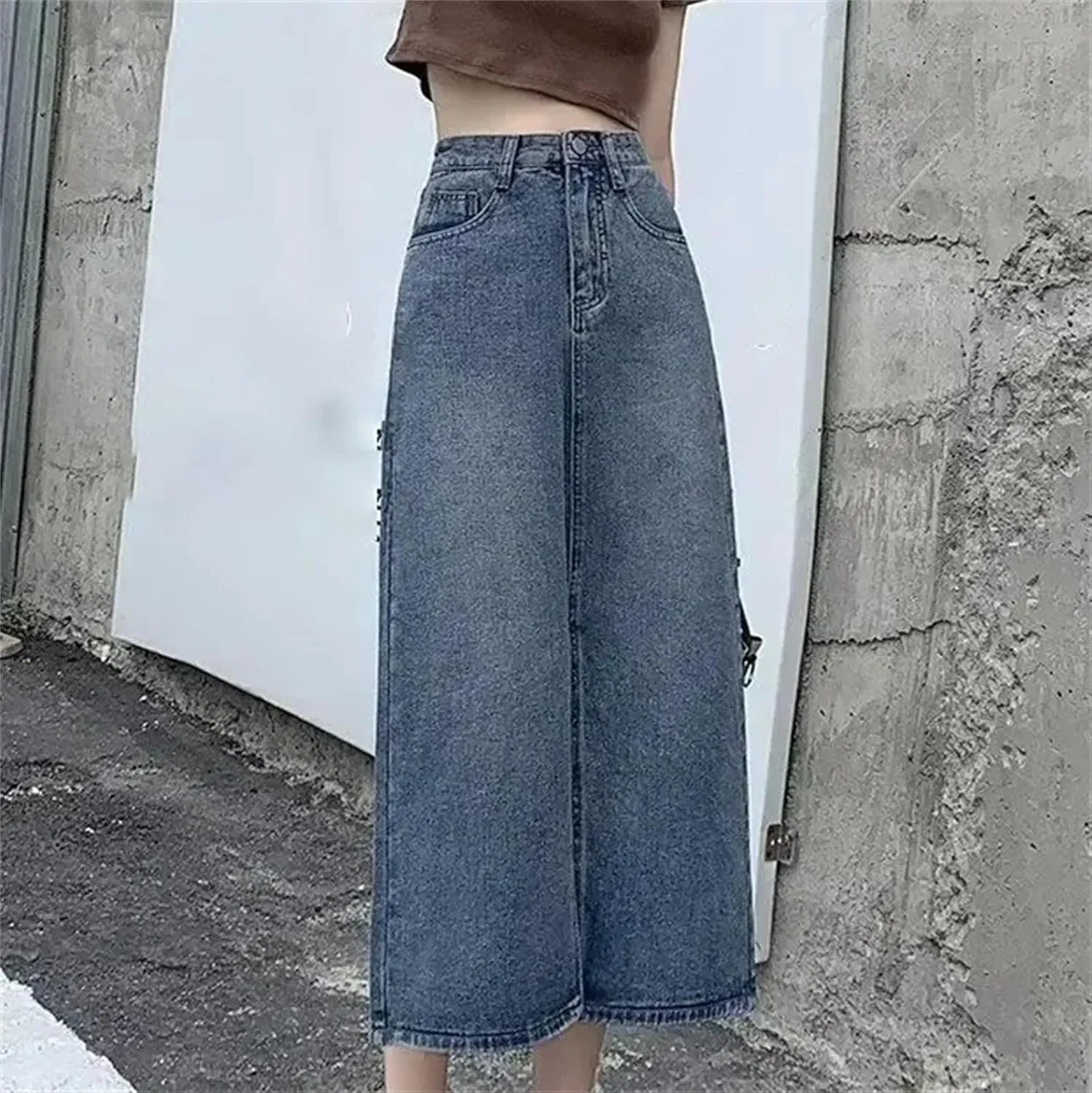 Women's High-Waisted Side Slit Denim Skirt  Slimming A-Line Vintage Long Summer Dress