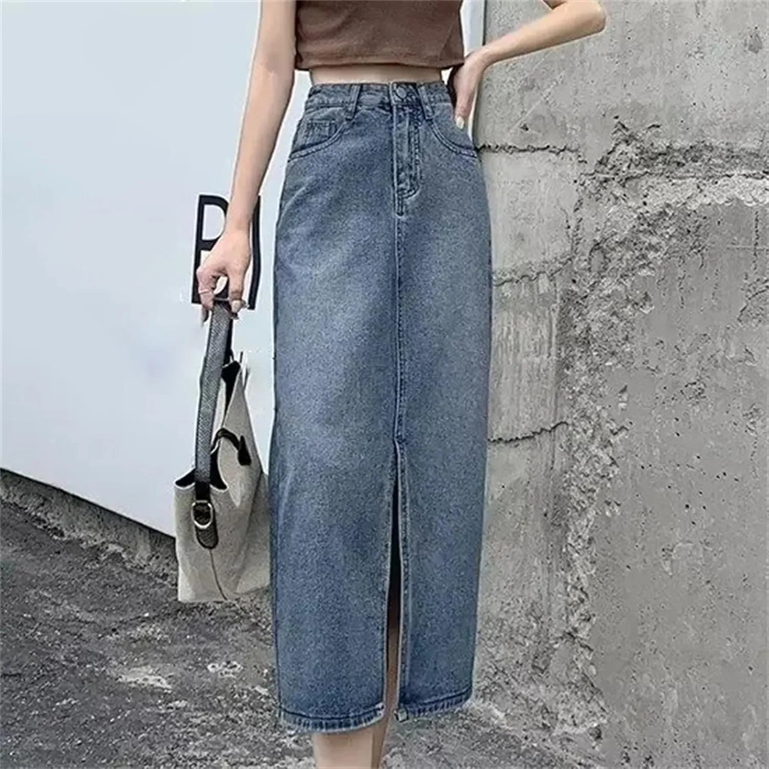 Women's High-Waisted Side Slit Denim Skirt  Slimming A-Line Vintage Long Summer Dress
