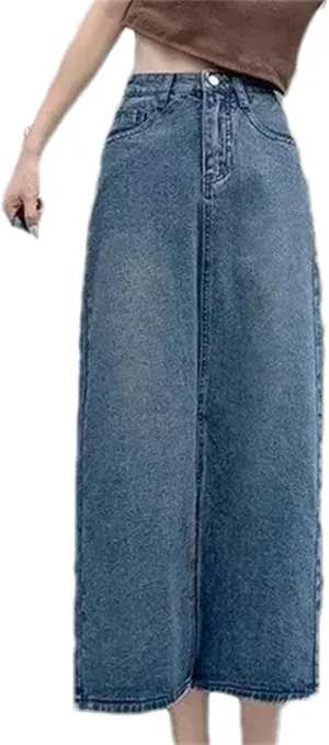 Women's High-Waisted Side Slit Denim Skirt  Slimming A-Line Vintage Long Summer Dress